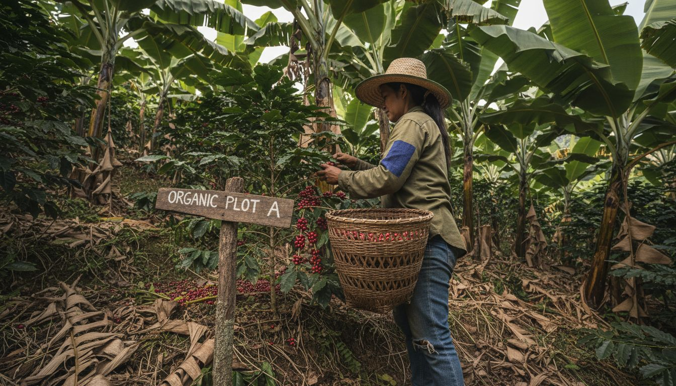Woman harvesting coffee cherries under shade
