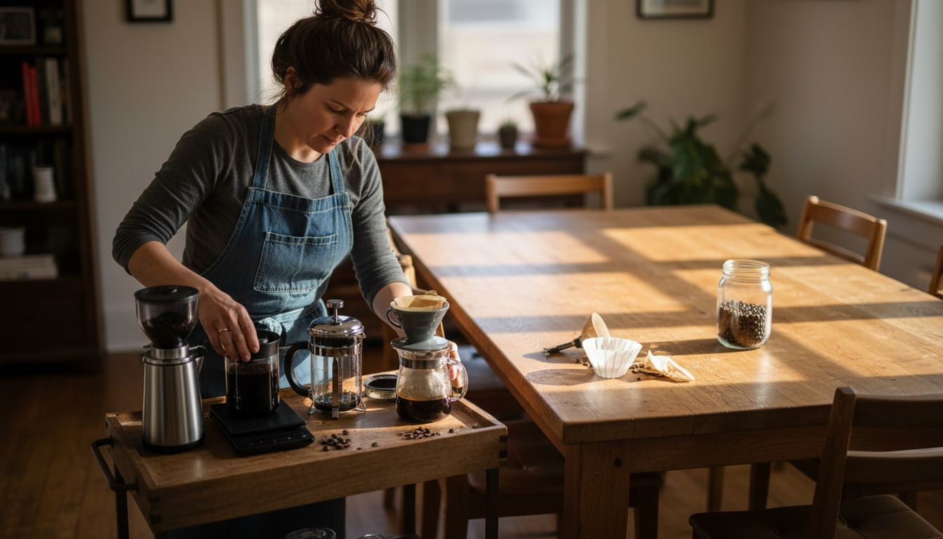 Woman arranging coffee equipment at home