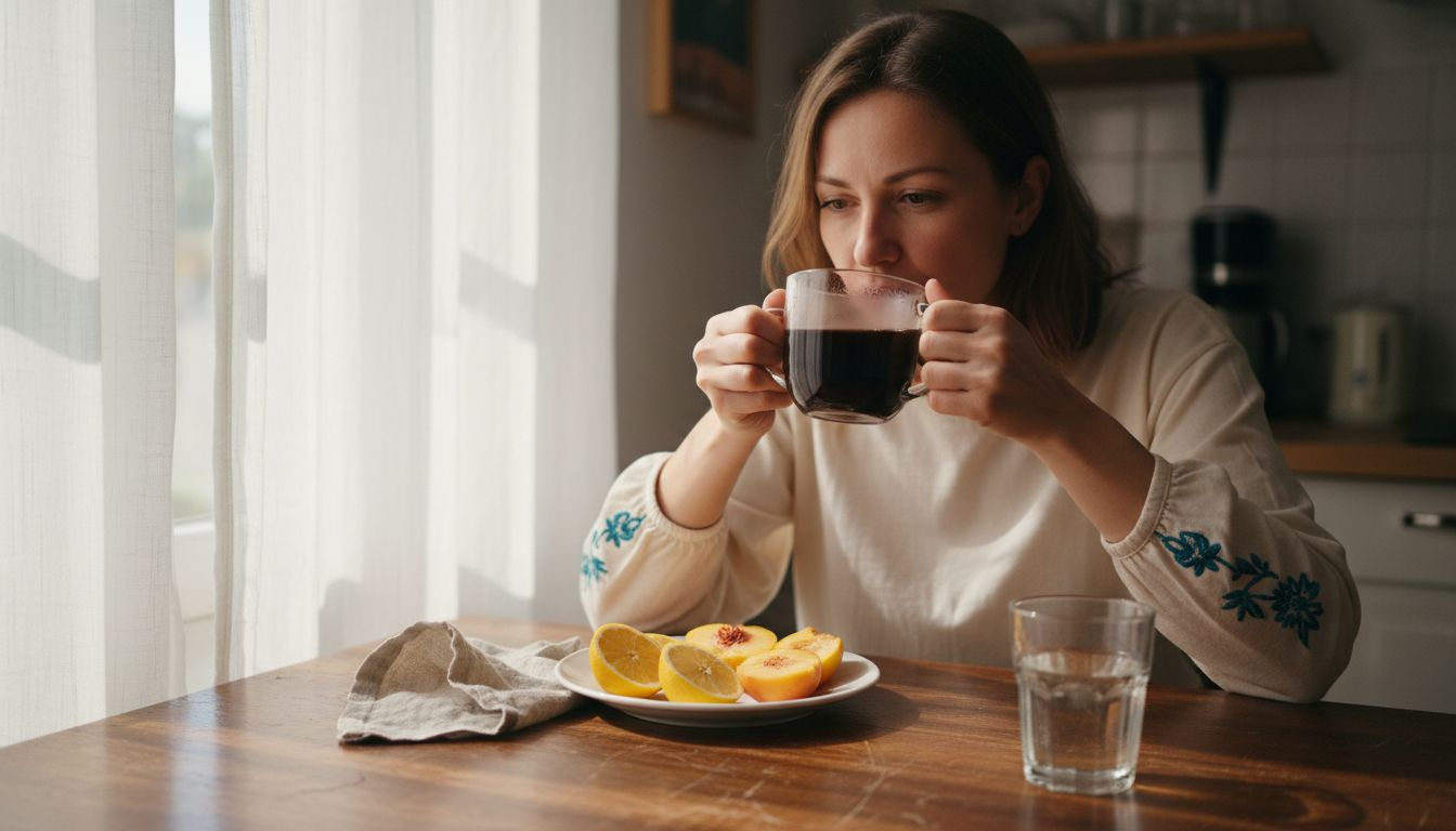 Woman comparing coffee with lemon and fruit