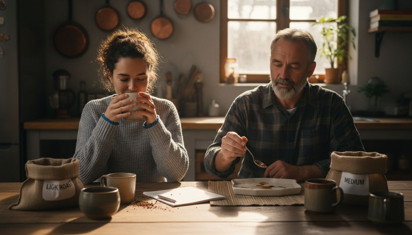 Coffee drinkers at tasting table with roast samples