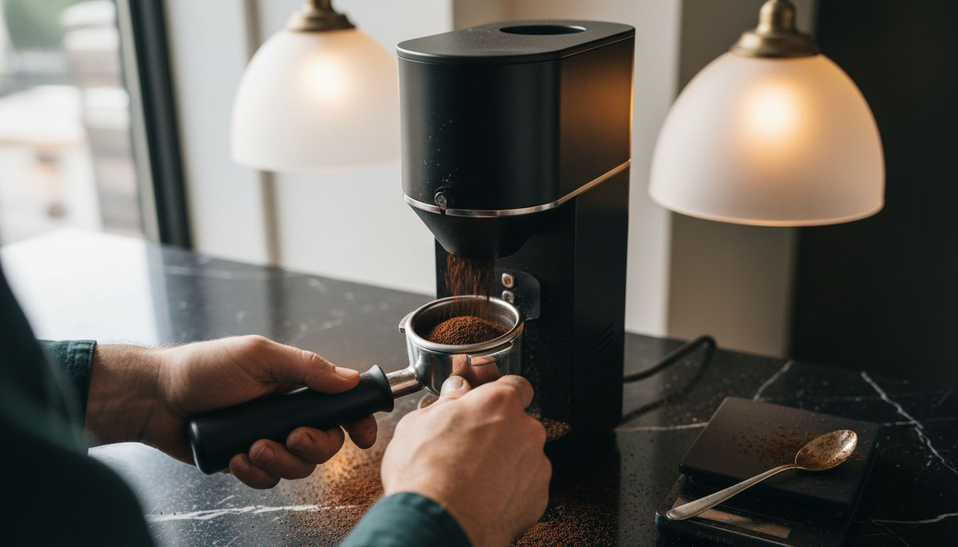 Close-up hands grinding coffee with burr grinder