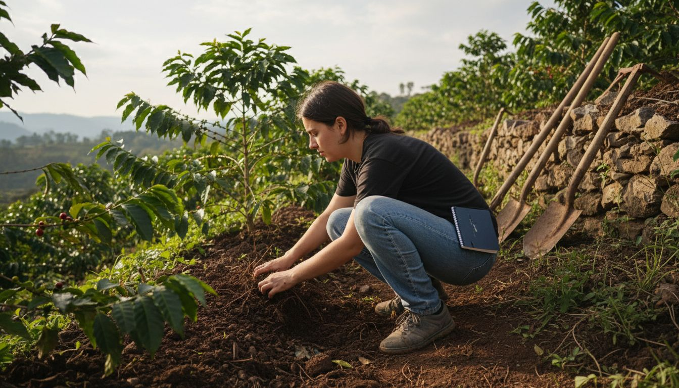 Inspecting coffee plant and soil for terroir