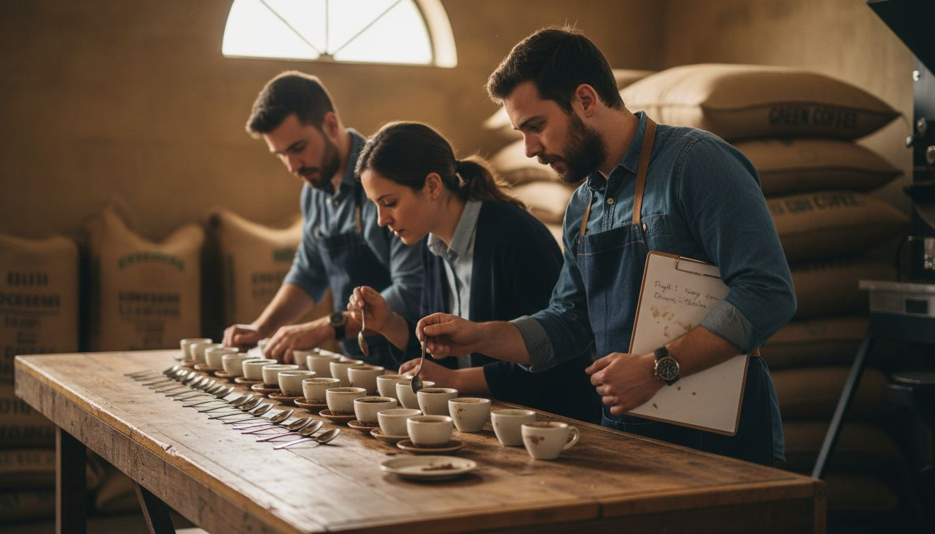 People at specialty coffee cupping table
