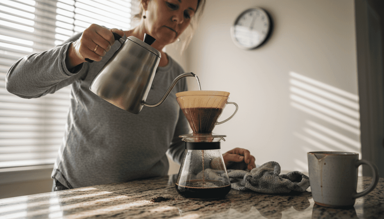 Pour-over Arabica coffee brewing in home kitchen