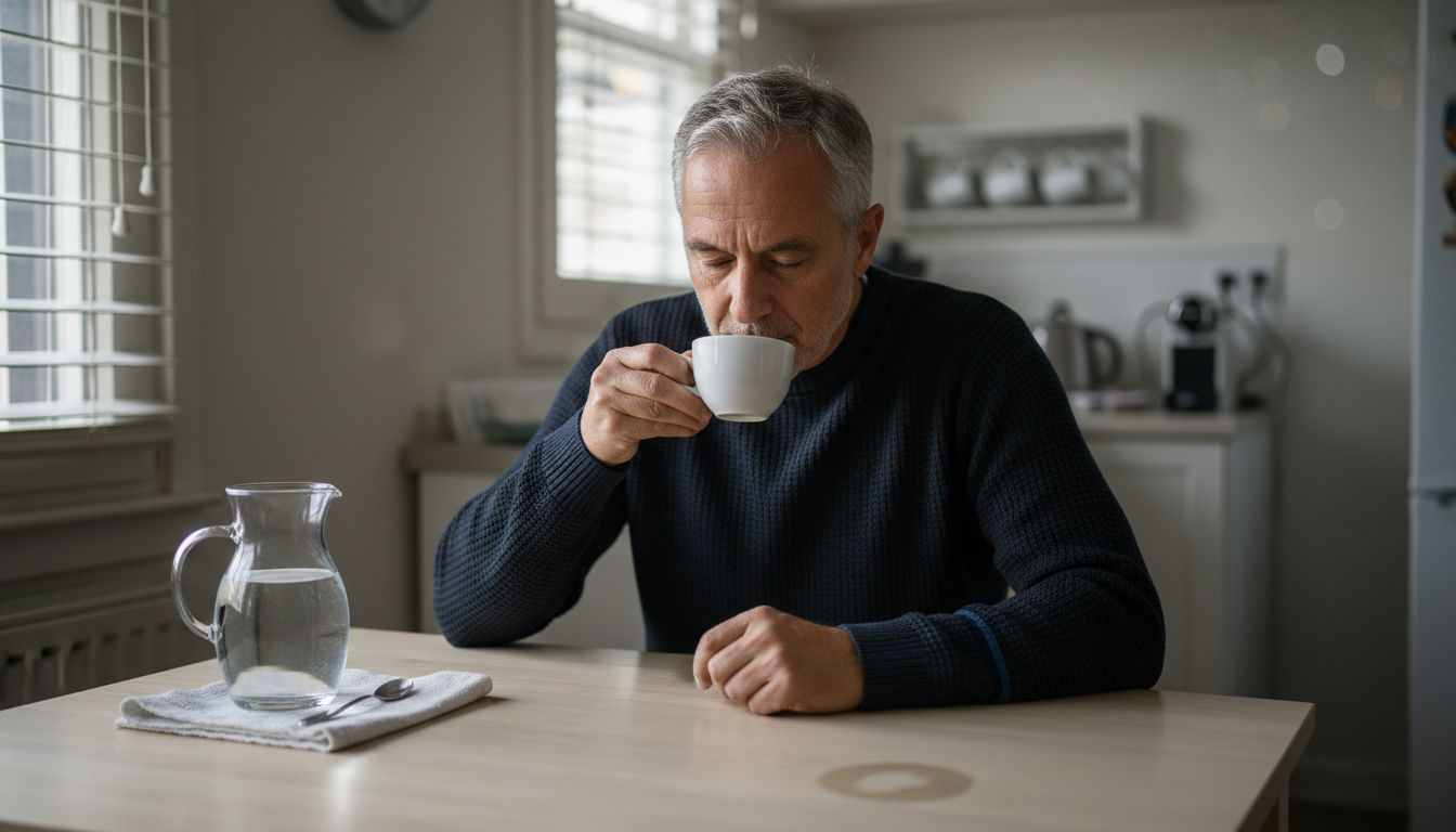 Person tasting coffee in neutral quiet kitchen
