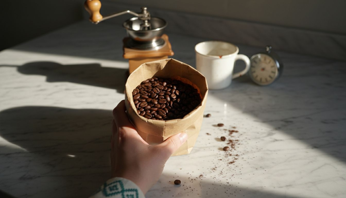 Open bag showing fresh coffee beans on counter