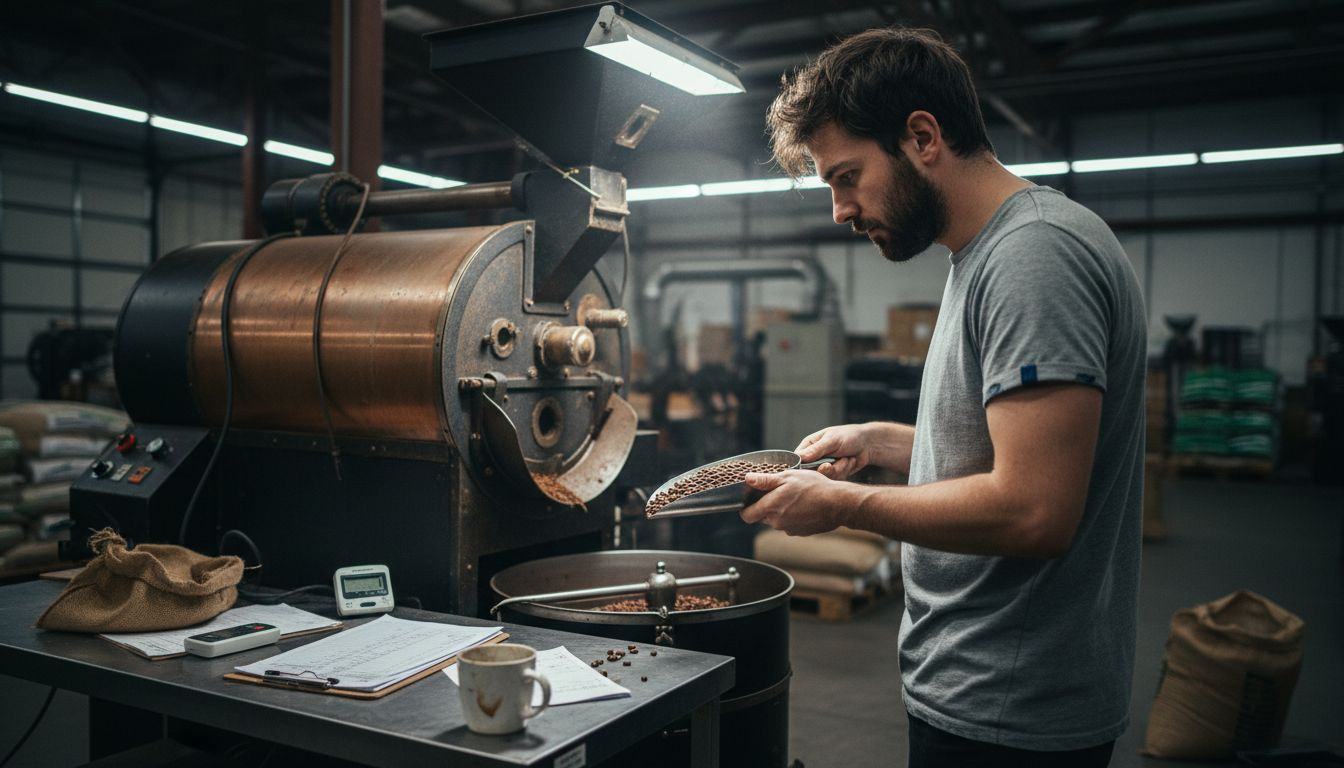 Coffee roaster checking beans in warehouse