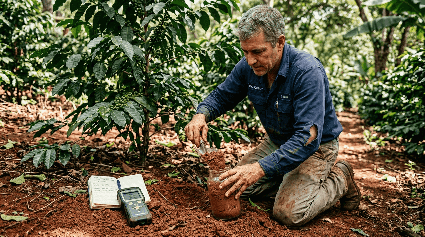 Agronome prélevant des échantillons de sol sous un caféier
