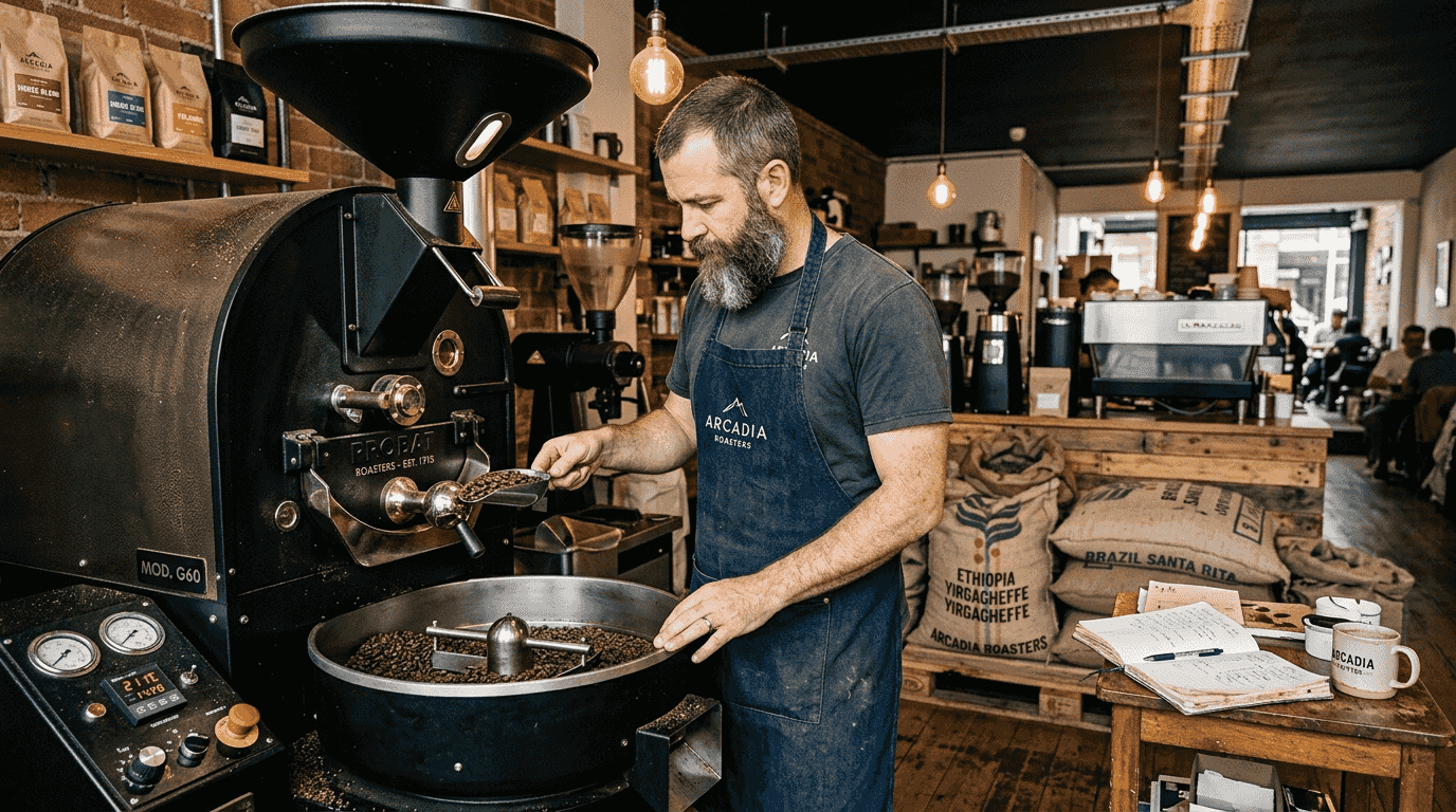 Coffee roaster inspecting beans in small roastery
