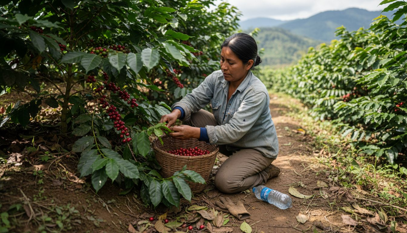 Worker harvesting sustainable shade-grown coffee