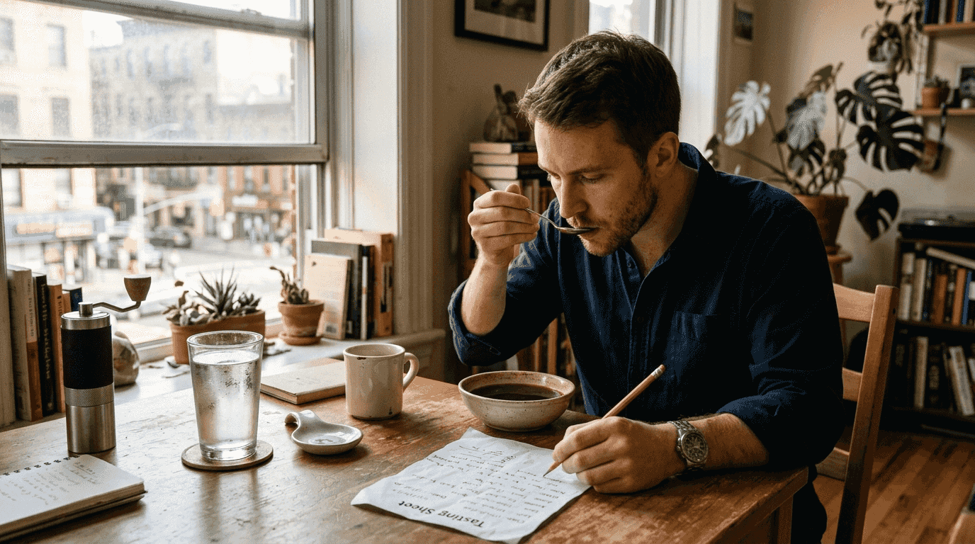 Man tasting coffee and taking notes at home