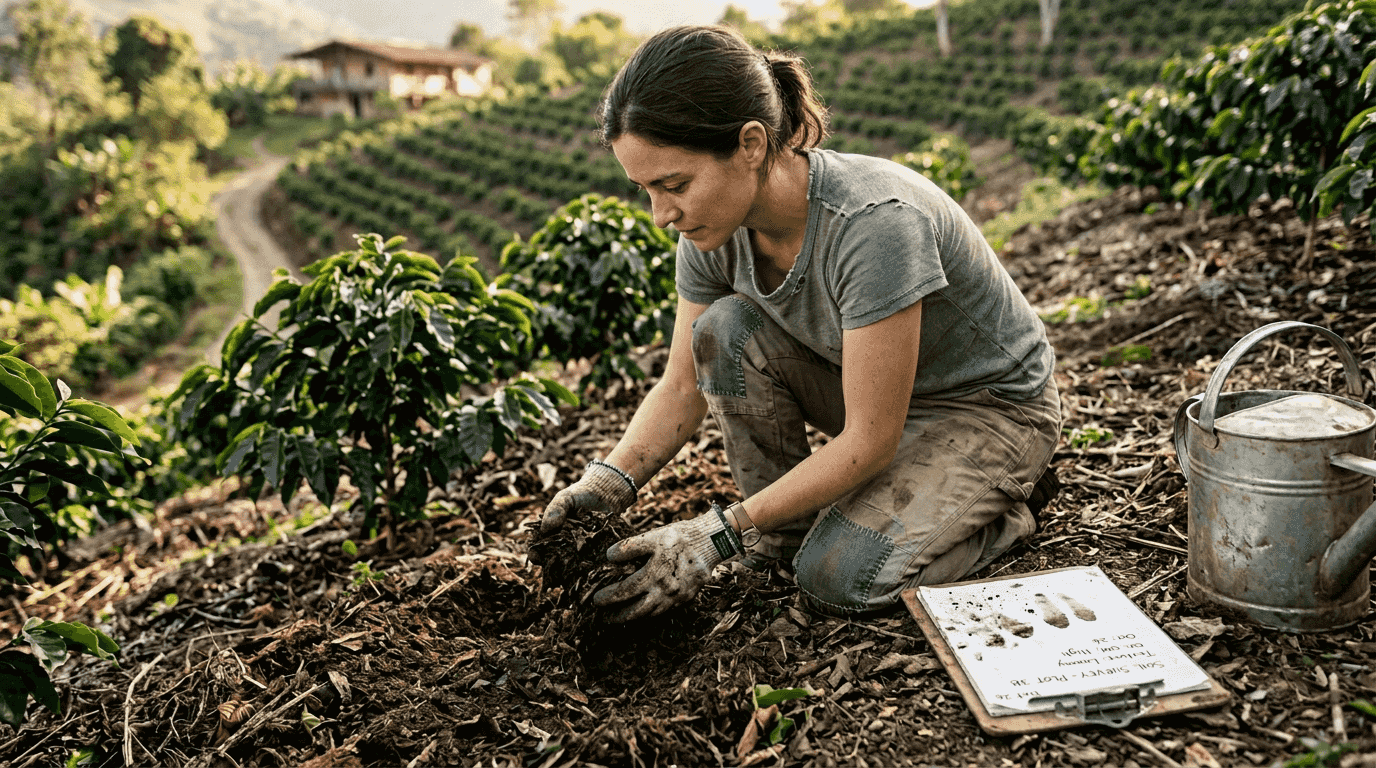 Checking soil for sustainable coffee farming