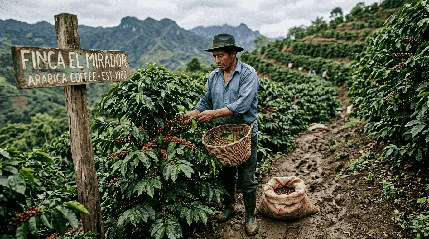 Worker picking Arabica cherries at hillside farm