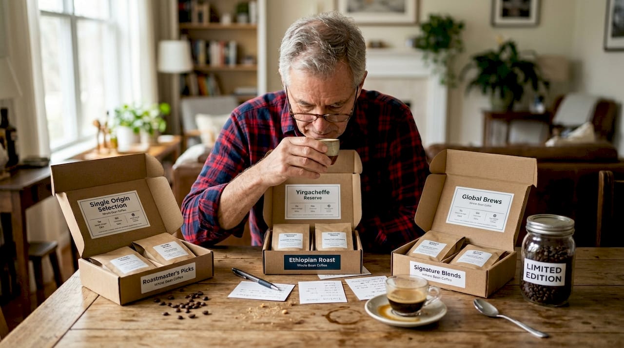 Homme comparant des coffrets-cadeaux d'échantillons de café premium