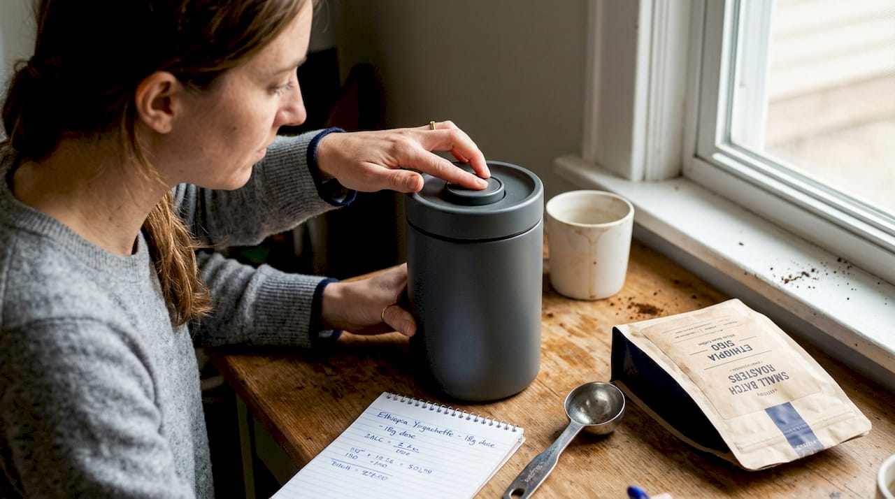Person using vacuum coffee storage canister
