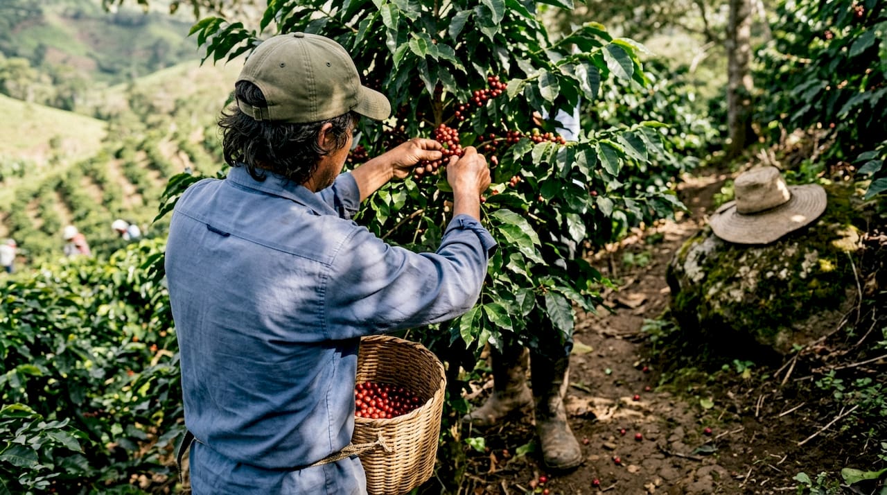 Coffee farm worker hand-picking ripe Arabica cherries