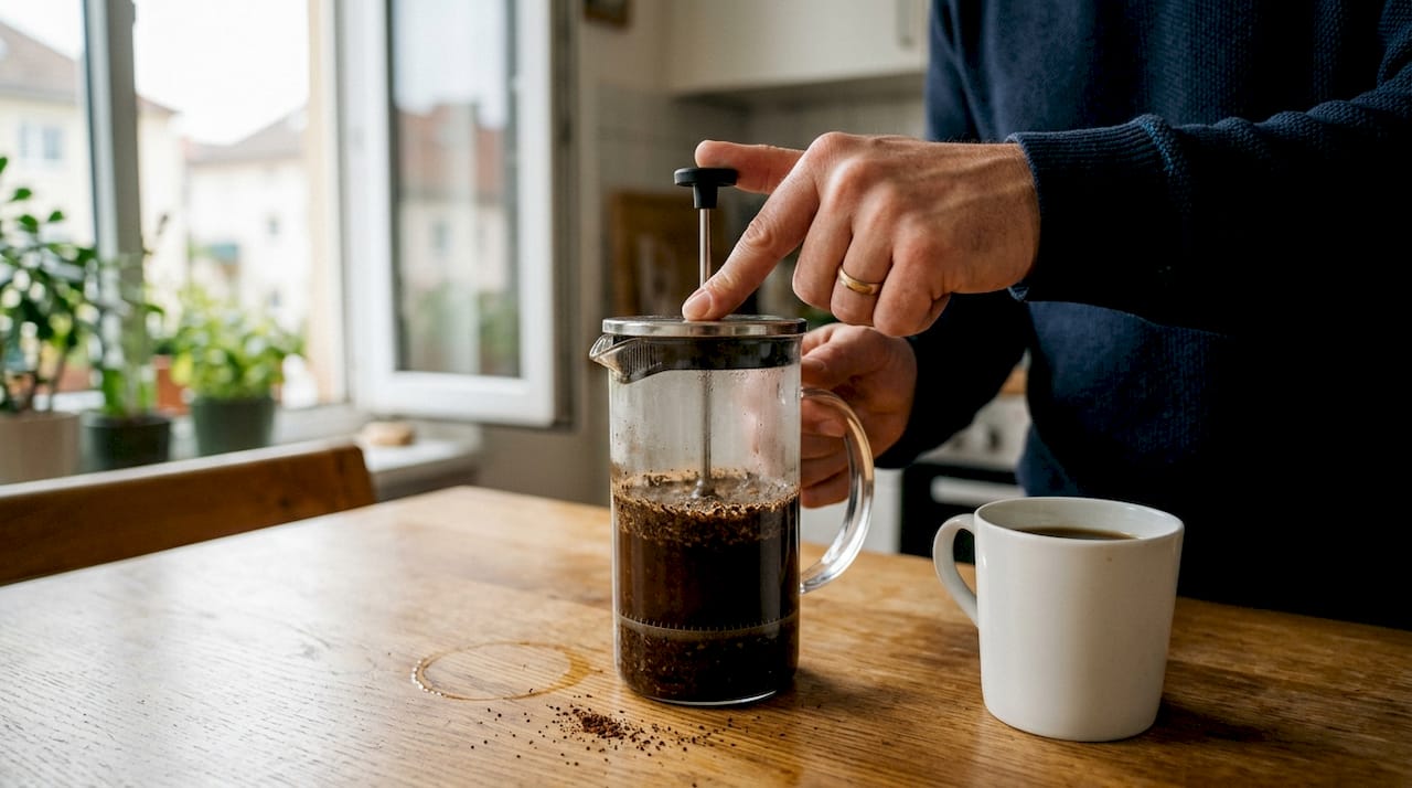 Close-up french press brewing action