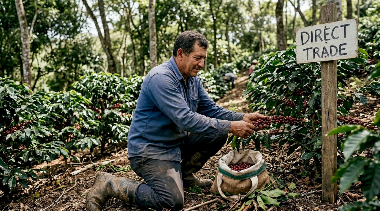 Coffee farmer inspects cherries in shaded field
