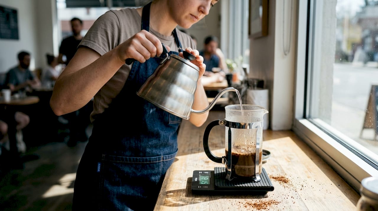 Barista préparant du café dans une presse française
