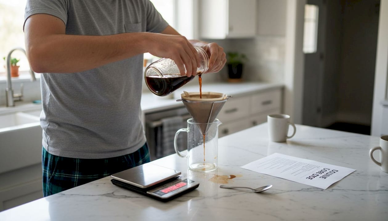 Man straining cold brew at kitchen counter