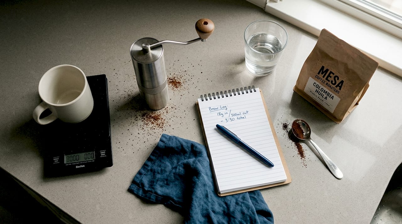 Essential home coffee tasting gear on kitchen counter