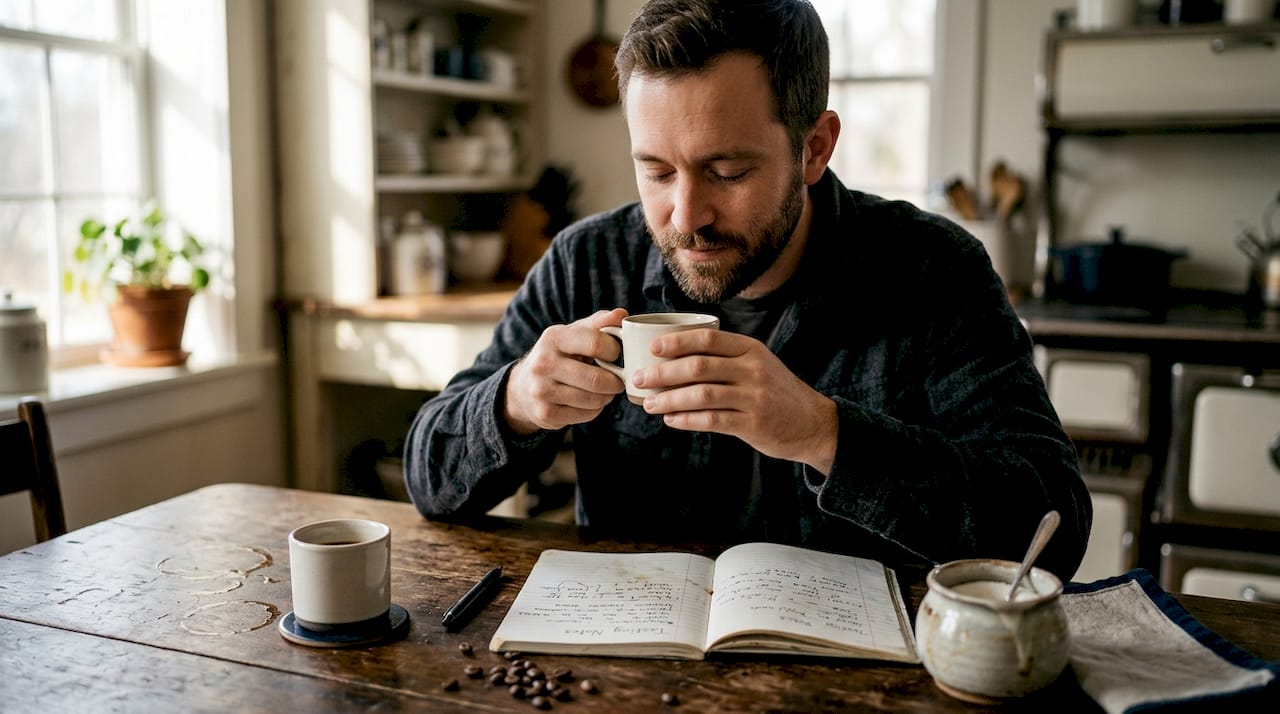 Man savoring coffee aroma at kitchen table