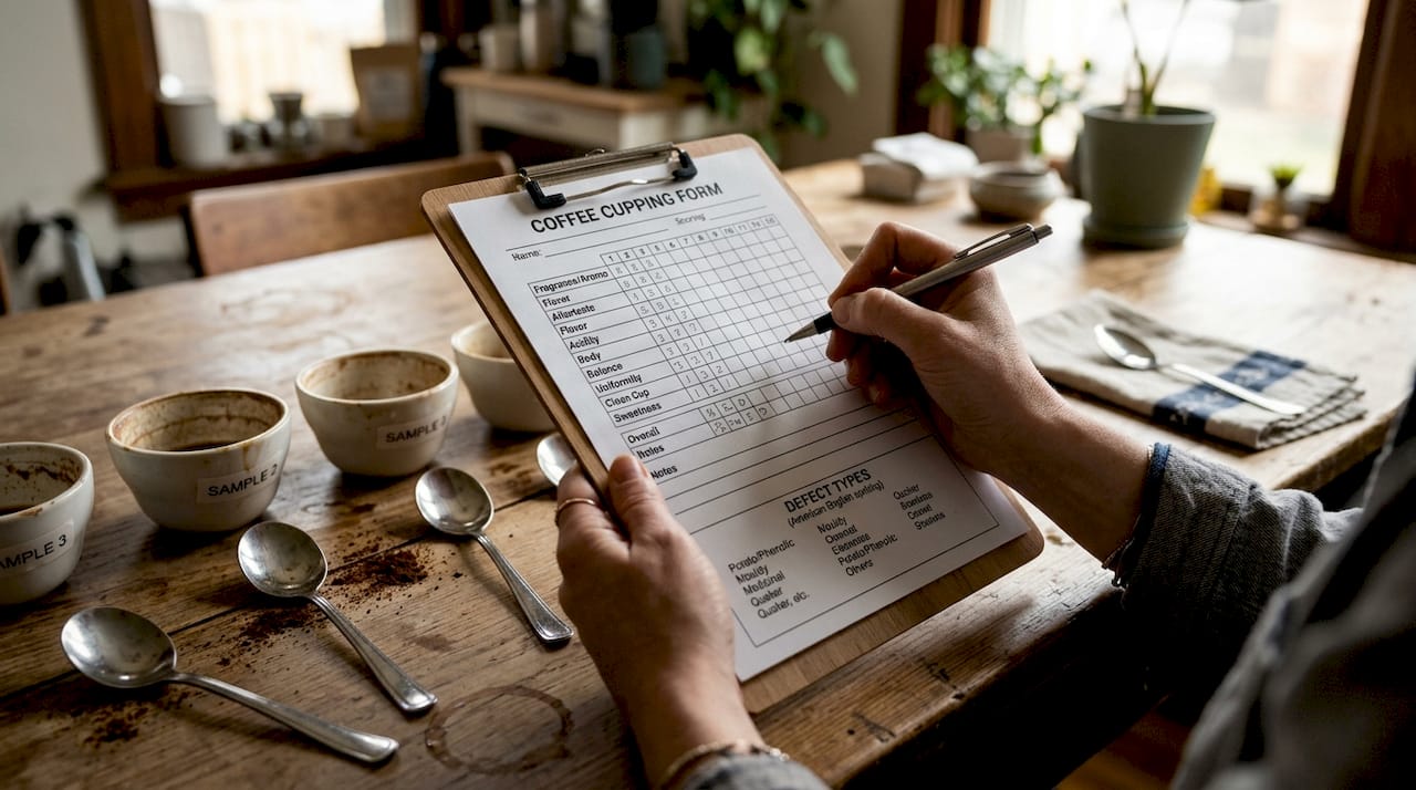 Hands scoring coffee defects at home