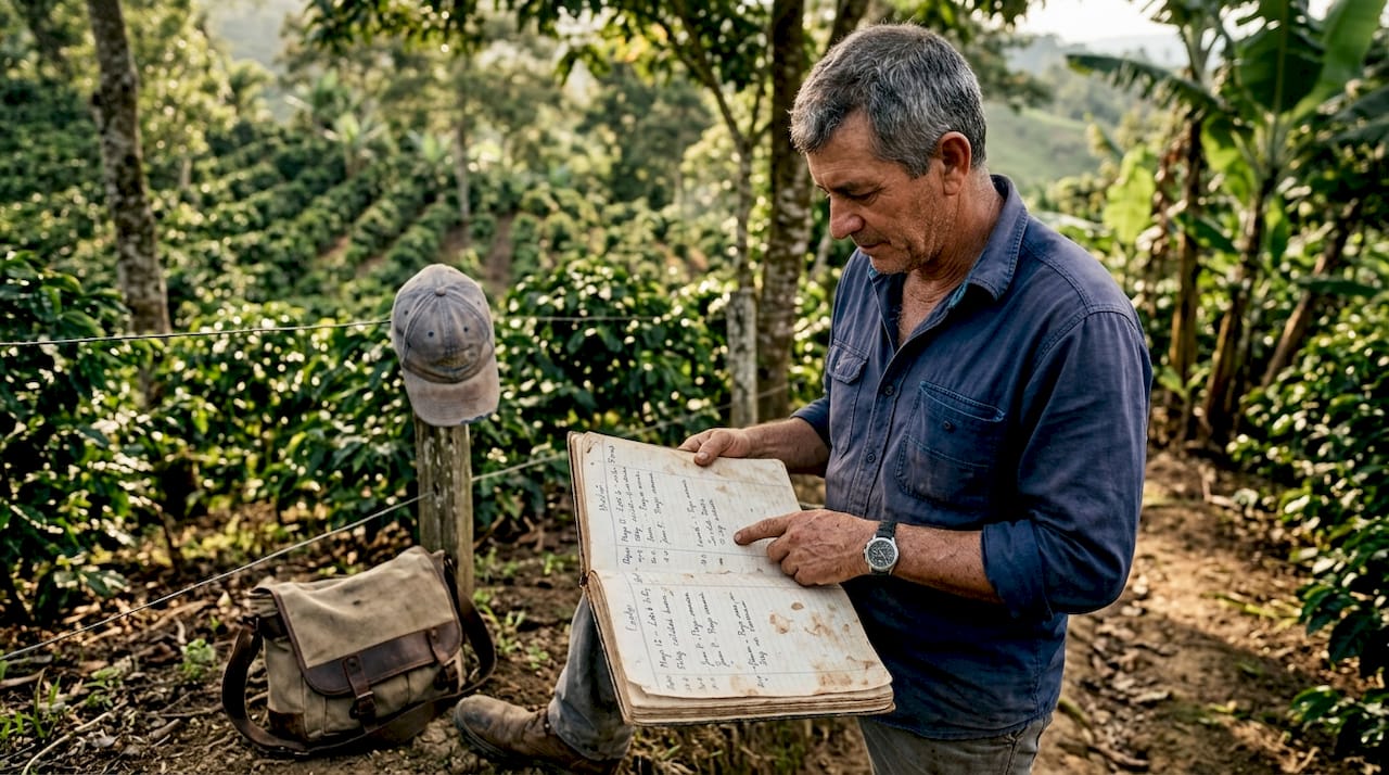 Coffee farmer checking traceability record