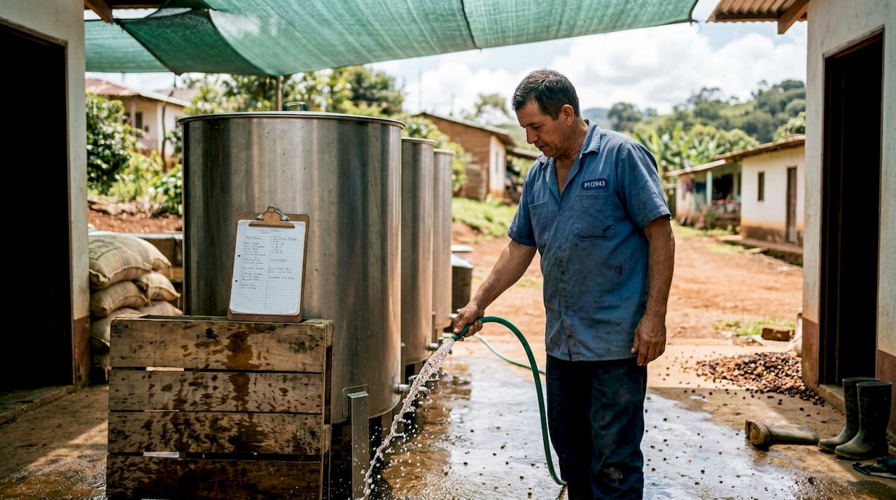 Ouvrier rinçant des grains de café à la station de traitement
