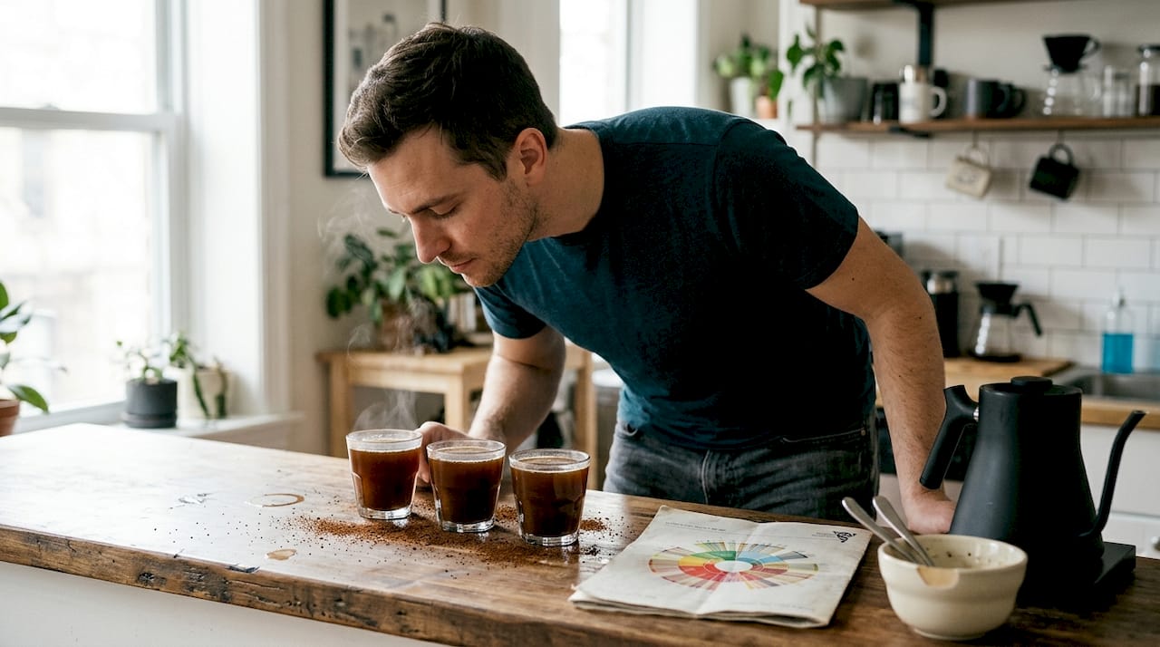 Man performing coffee cupping at kitchen counter