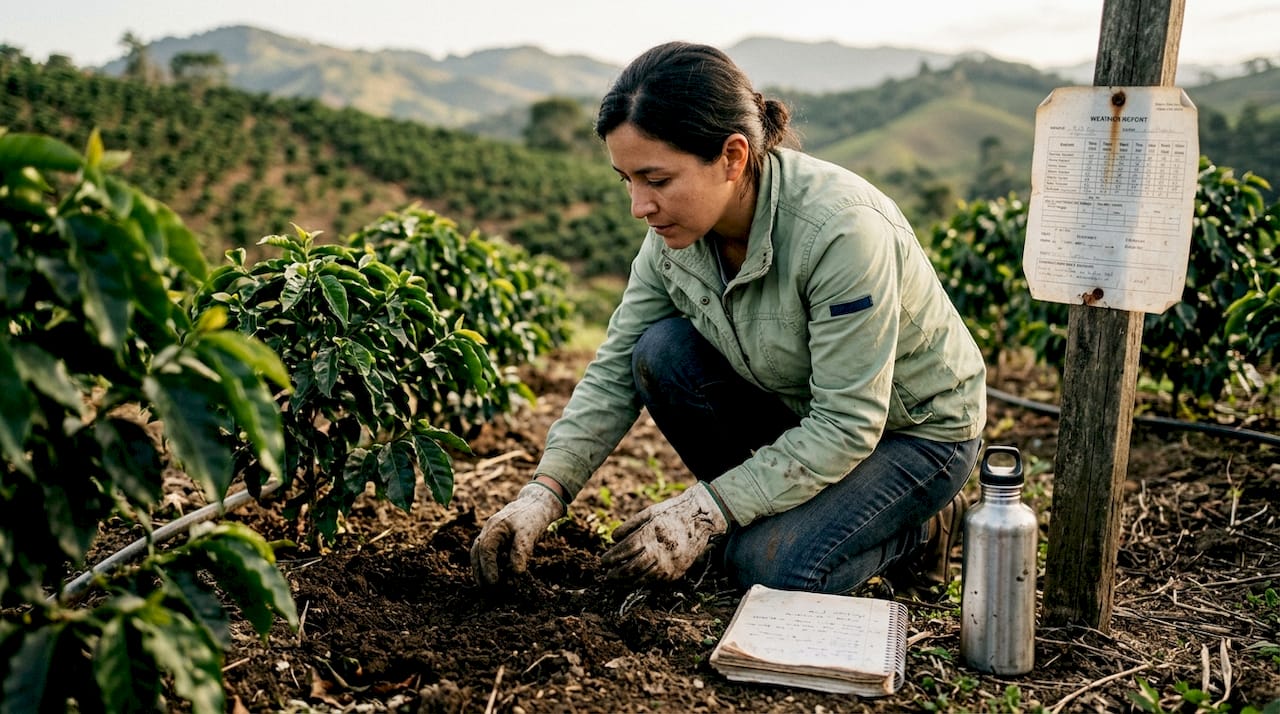 Farm manager checking organic coffee planting