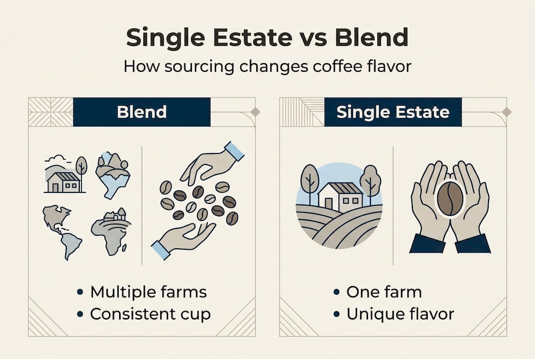 Infographie comparant le café mélangé et le café de domaine unique