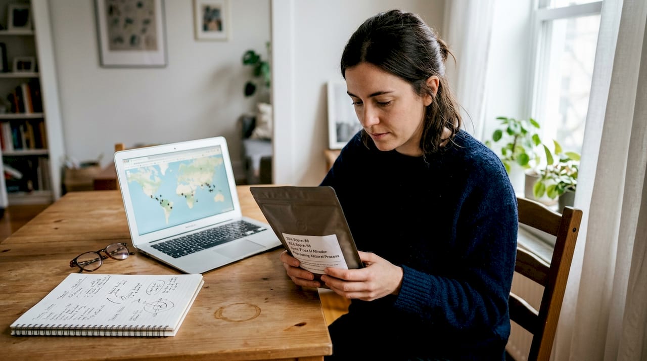 Femme lisant les détails de l'étiquette d'un sac de café de spécialité