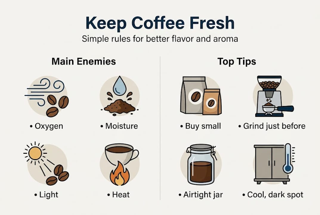 Infographie montrant des conseils et des ennemis de la fraîcheur du café