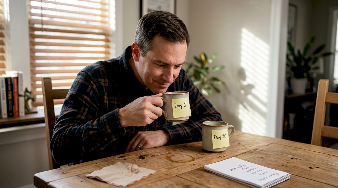 Homme comparant le goût du café frais et du café ancien