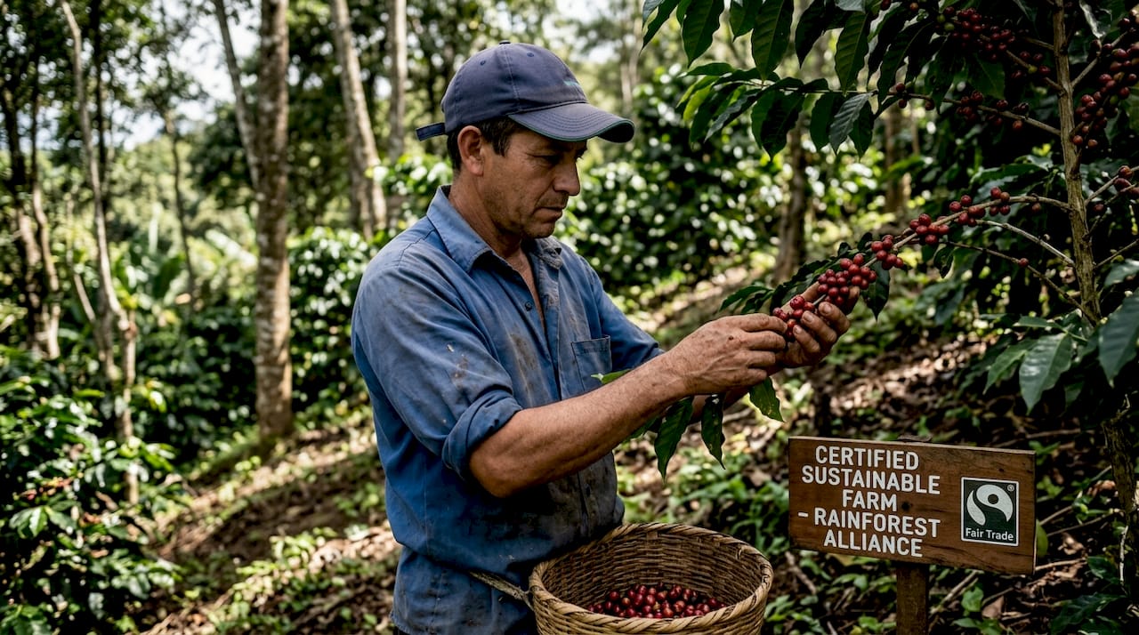 Agriculteur inspectant des cerises de café de manière éthique