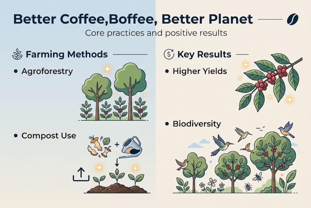 Infographie montrant les pratiques fondamentales et les résultats du café durable