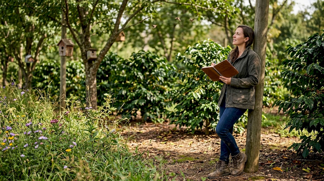 Agronome observant des oiseaux sur une ferme de café à biodiversité.