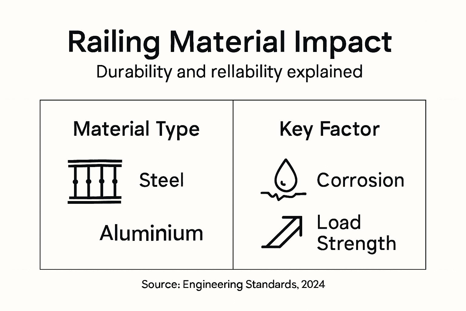 Infographic comparing railing materials and key factors