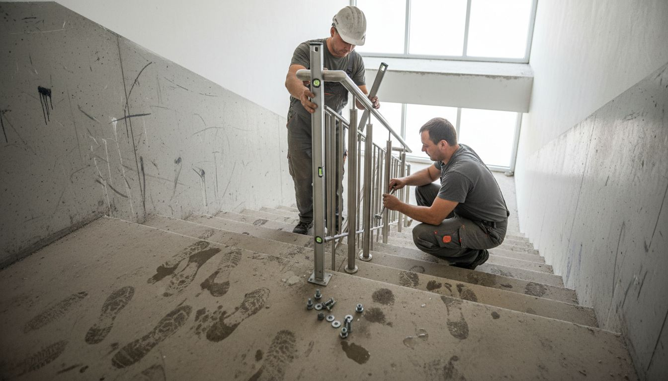 Поставяне на алуминиев парапет от инокс върху вътрешно стълбище