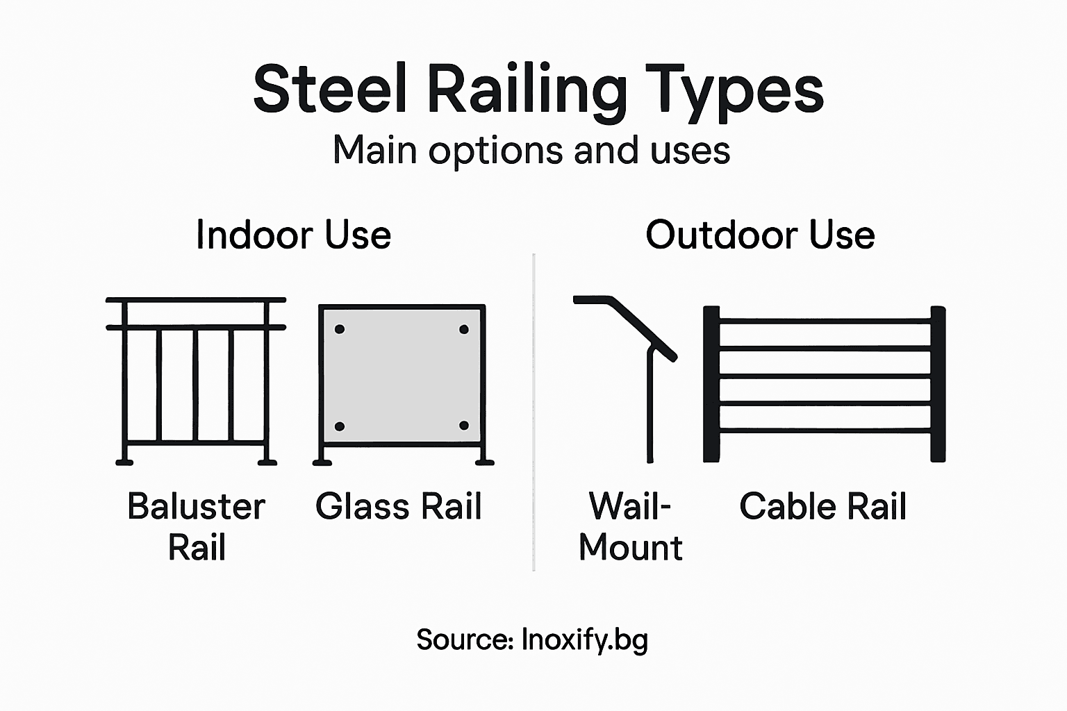 Infographic summarizing main steel railing types