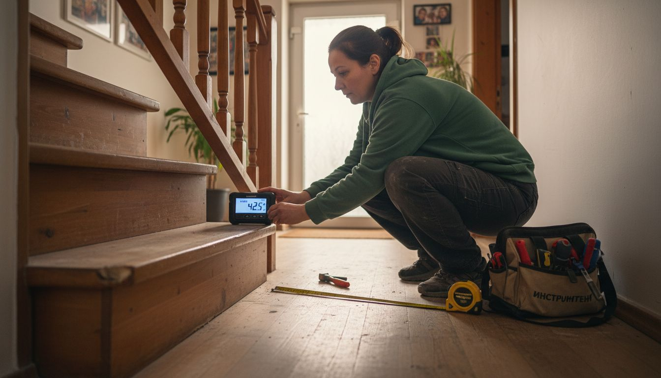 Жена проверява наклона на стълбището с помощта на ъгломер.