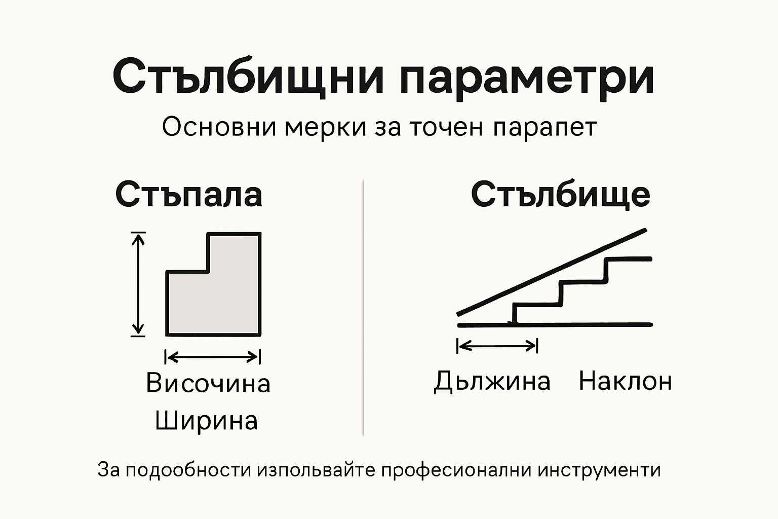 Инфографика с основните мерки и показатели при заснемане на стълбище