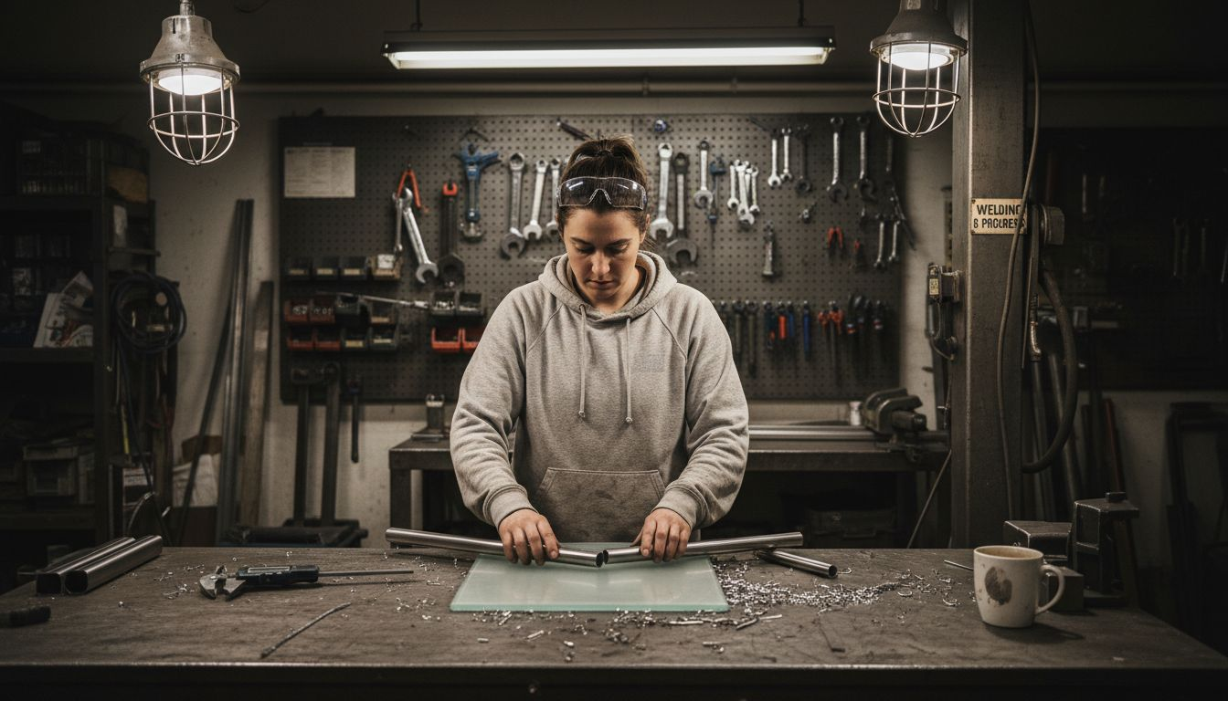 Fabricator arranges steel and glass railing parts