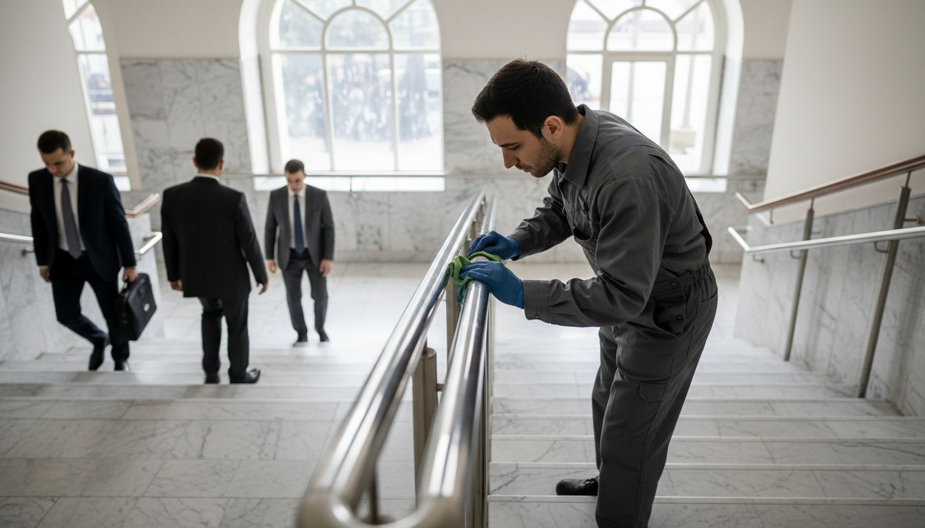 Cleaner polishes indoor stainless steel railing