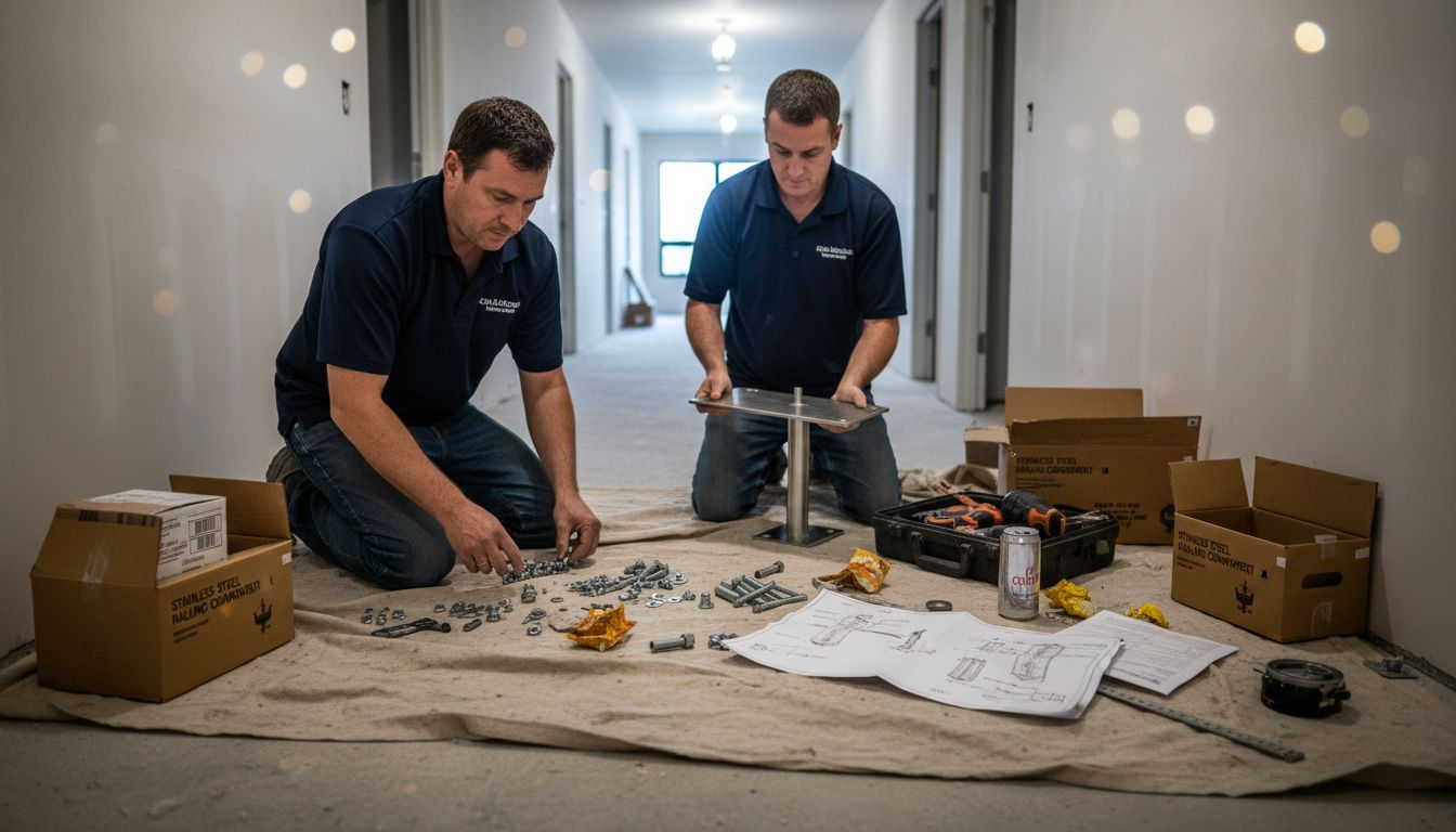 Installers assemble stainless railing in hallway