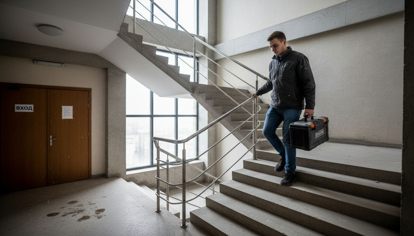 Мъж се подпира на парапета, докато се изкачва по вътрешните стълби.