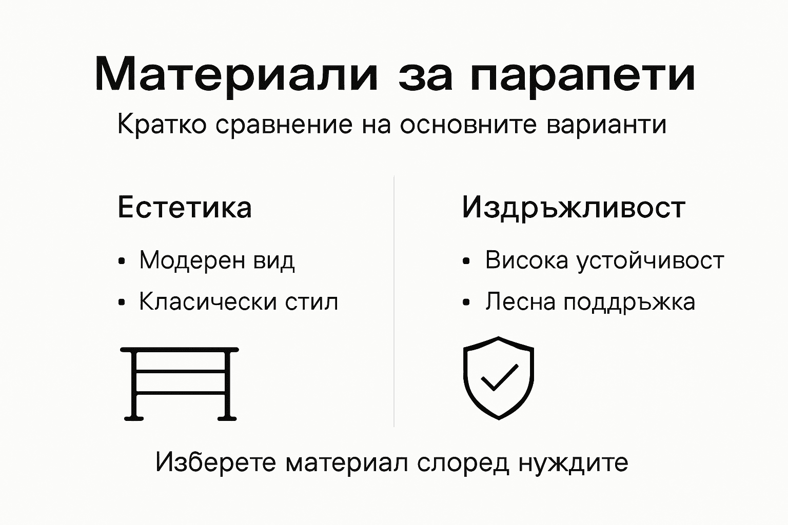 Вижте удобна инфографика с преглед на различните материали за парапети и техните предимства.