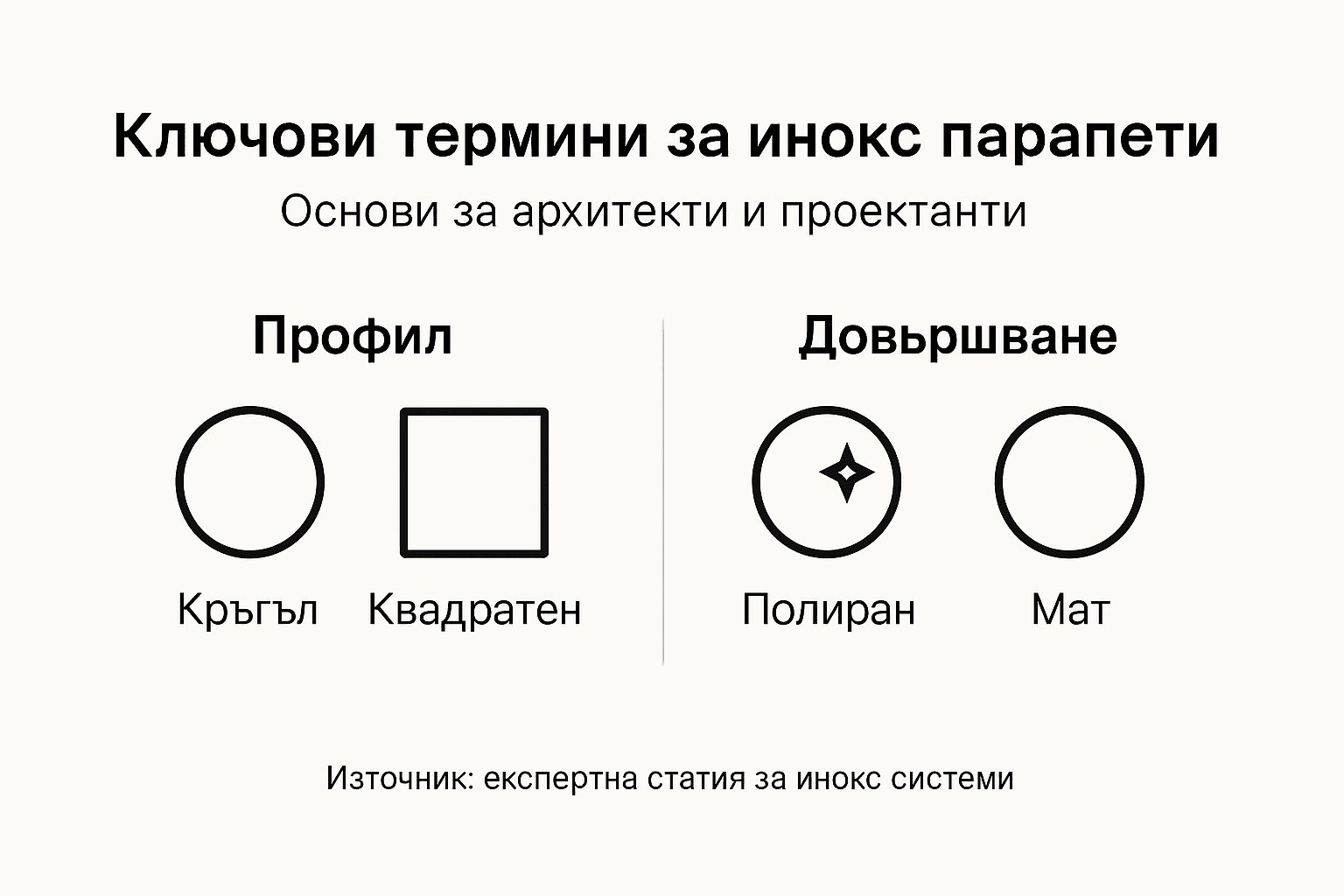 Визуален наръчник с основни понятия за парапети от неръждаема стомана