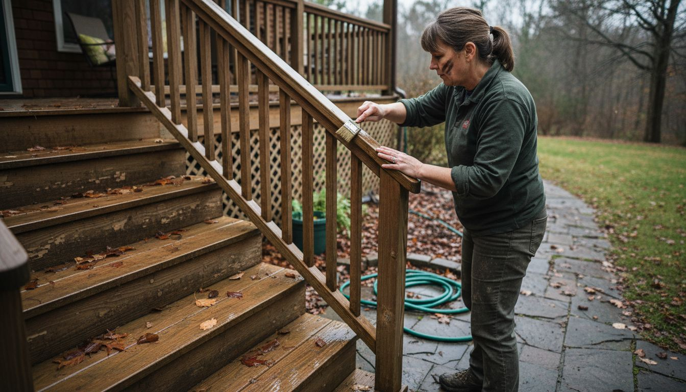 Woman maintaining outdoor wooden railing
